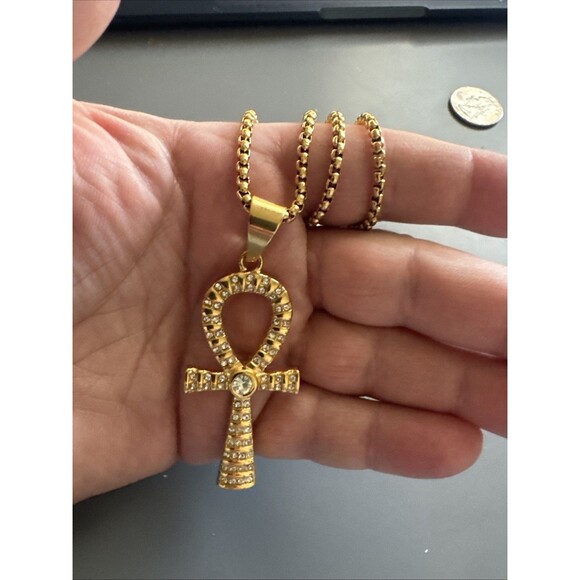 Gold Plated Cubic Zirconia Stainless Steel Egyptian Ankh Cross Pendant Necklace - Picture 5 of 6